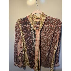 Soft Surroundings Langdon Shirt Tie Neck Multicolor Patchwork Paisley Sheer Sz L